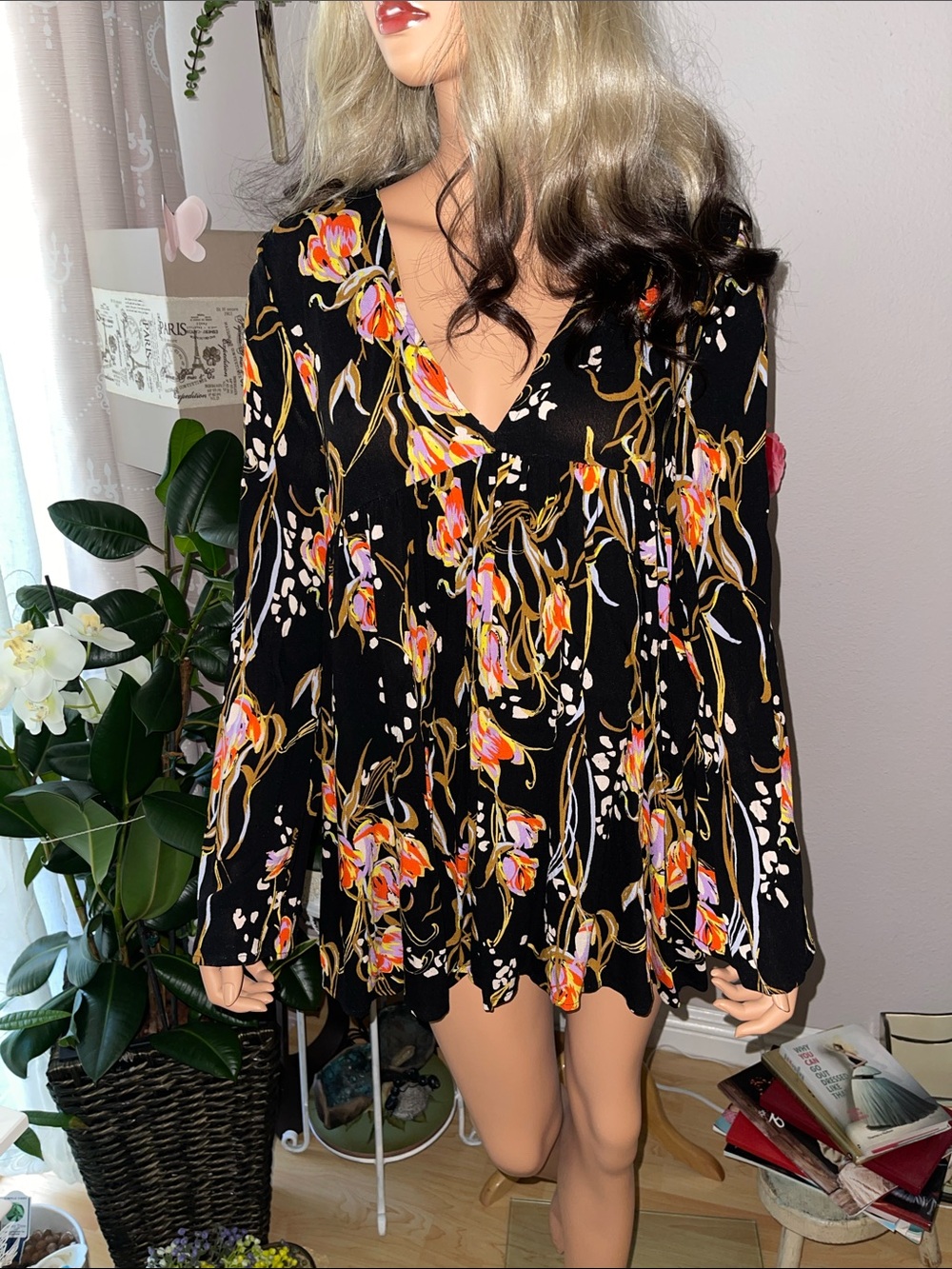 Free People Black Floral V-Neck Long Sleeve Mini Dress